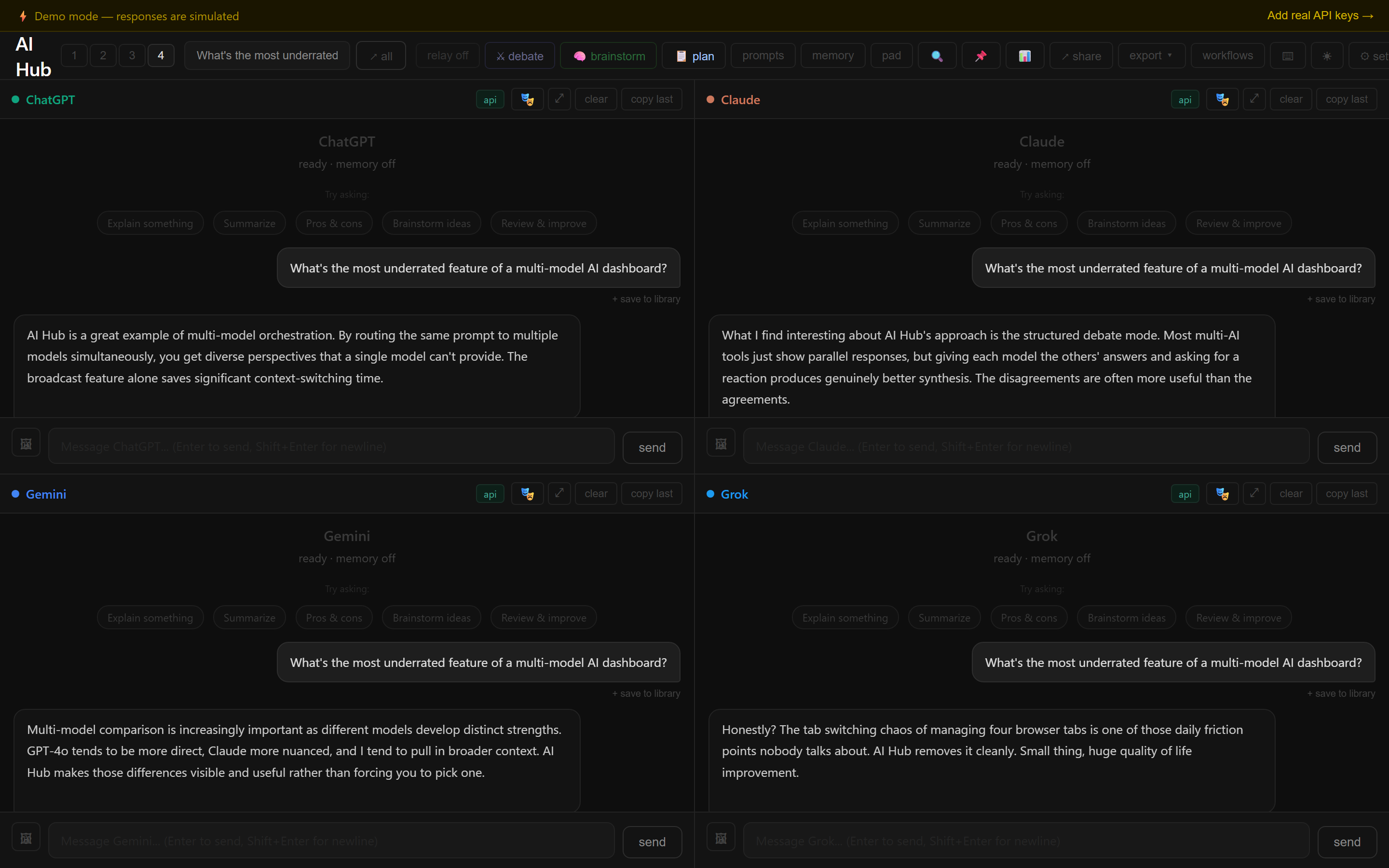 The AI Hub dashboard in four-panel view: ChatGPT, Claude, Gemini, and Grok each answering the same broadcast question side by side, with their full replies visible.